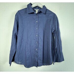 H&M Womens Blue Linen Blend Long Sleeve Button-Up Shirt Top Medium Casual New
